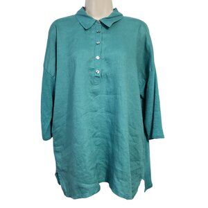 J. Jill Love Linen Collared Popover Shirt Medium Teal Knit 3/4 Sleeve Coastal
